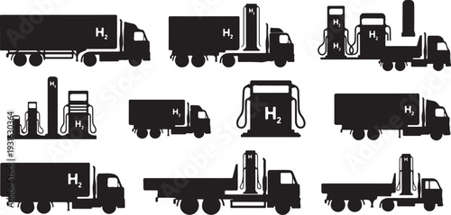 Black silhouettes of various trucks and industrial vehicles icons