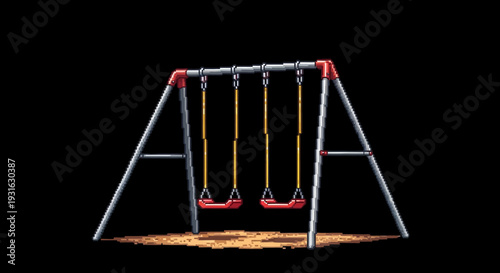 Empty swing set with two swings on a black background.