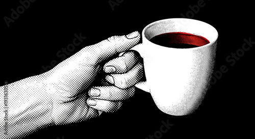 Hand holding a cup of coffee in a minimalist illustration style.