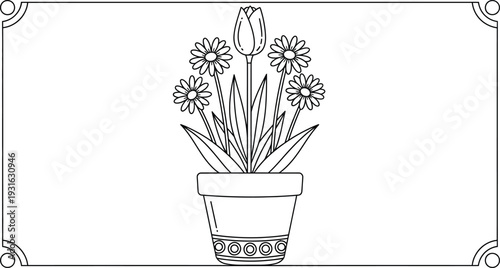 Illustration of black and white line drawing of a potted plant with tulip and daisies