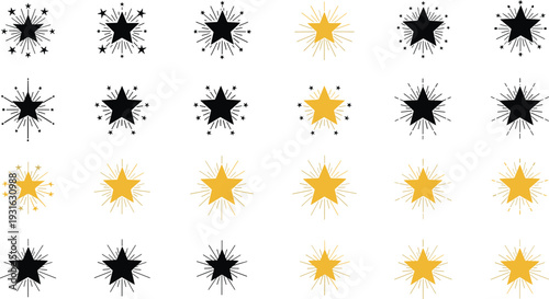 Star icon set, decorative celestial symbols, gold and black designs, celebration and award theme, graphic design elements - flat vector illustration