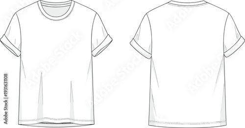 T-shirt fashion flat sketch illustration set, front and back views with rolled sleeves and crew neckline apparel theme - flat vector illustration