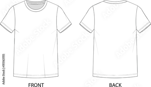T-shirt technical flat sketch, front and back views, short sleeve crew neck, apparel design template, garment construction details - fashion vector illustration