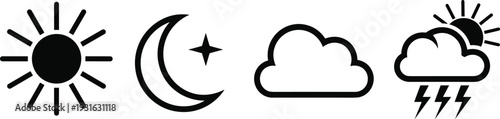 Weather forecast symbols, sun moon cloud lightning icons, meteorology graphic set for apps, UI design, signage, flat vector illustration