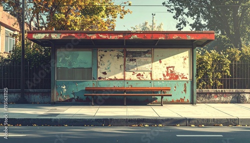 Weathered Bus Stop Shelter with Bench on Sidewalk.
