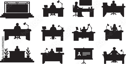 Silhouettes of people working at office desks and tables
