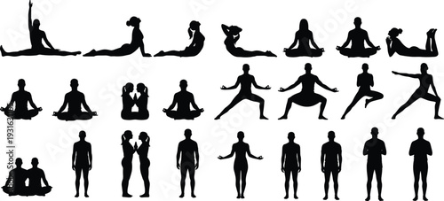 Yoga and meditation silhouette set, mindfulness poses and partner icons, wellness and balance theme - flat vector illustration