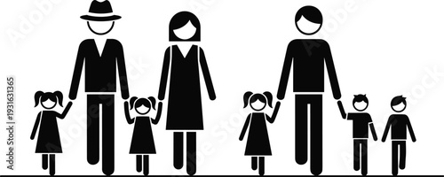 Family silhouette illustration set, stick figure parents and children in diverse group compositions representing relationships theme - flat vector illustration