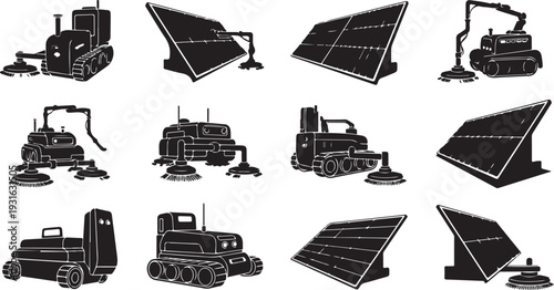 Solar panel installation machines and equipment illustrations set