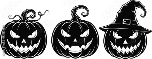 Halloween jack-o’-lantern silhouettes, spooky pumpkin faces, witch hat design, scary carved icons, festive autumn theme - flat vector illustration