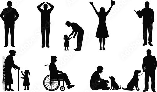 Human and animal silhouette illustration set, diverse interactions including caregiving, reading, companionship and assistance theme - flat vector illustration