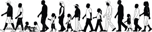 Human growth silhouettes, life cycle stages, child to elderly progression, aging journey, walking posture icons - flat vector illustration