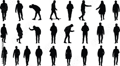 Human silhouette set, diverse body postures and activities, walking, standing, gesturing, skateboarding, briefcase icons - flat vector illustration