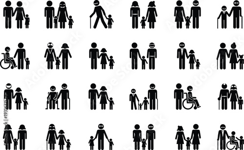 Inclusive family pictogram set, diverse compositions with disability icons, modern family structures and caregiving theme - flat vector illustration