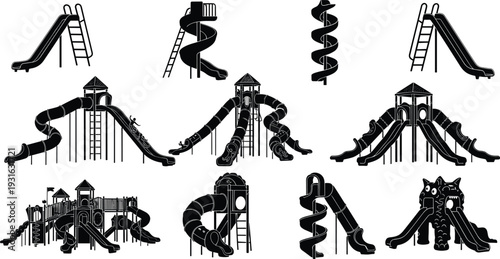 Playground slide collection, kids outdoor play equipment, spiral slide, tunnel slide, straight slide, silhouette playground design set, flat vector illustration