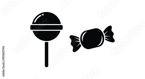 Simple black and white illustration of a lollipop and wrapped candy