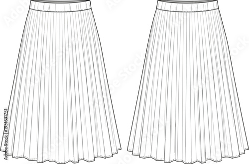 Pleated skirt fashion templates, technical garment illustration, waistband and pleat construction details, couture clothing design set - flat vector drawing