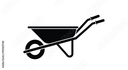 Simple black and white illustration of a wheelbarrow on a white background