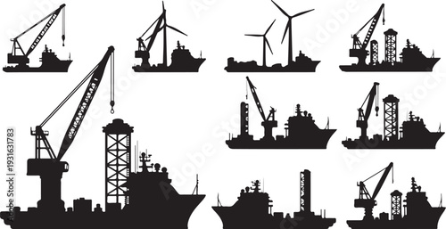 Industrial Silhouettes of Construction and Cargo Ships at Sea