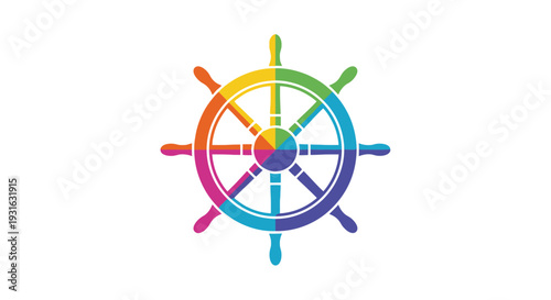 Colorful ship s wheel illustration with a vibrant rainbow spectrum design