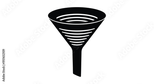 A minimalist black silhouette of a laboratory funnel with horizontal lines