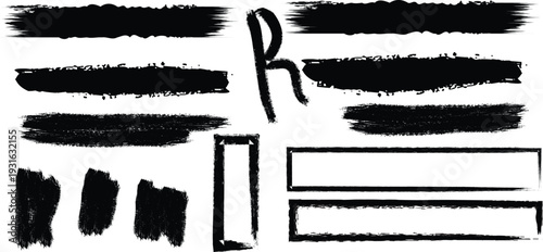 A collection of black brush strokes and rectangles on a white background