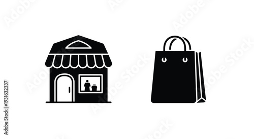 Black and white icon set showing a shopfront and a shopping bag