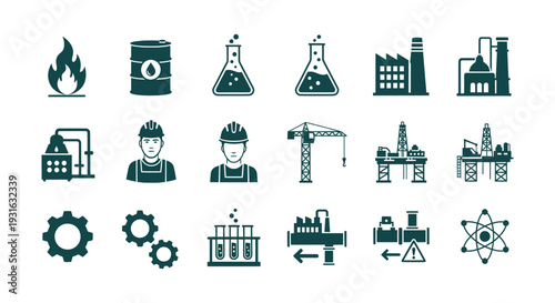 Essential Industrial Energy Construction Technology Science Engineering Solid Vector Icons Set Collection