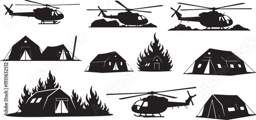 Helicopter and tent silhouettes in wilderness emergency rescue situation