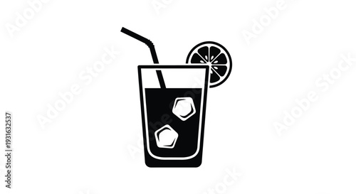 Black and white illustration of a refreshing drink with ice and citrus