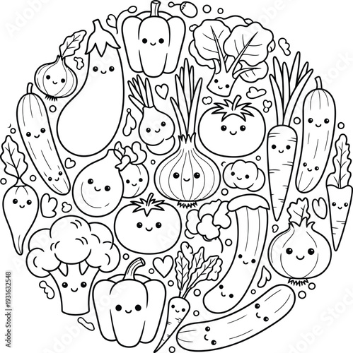 Illustration of a variety of smiling vegetables and fruits with happy faces