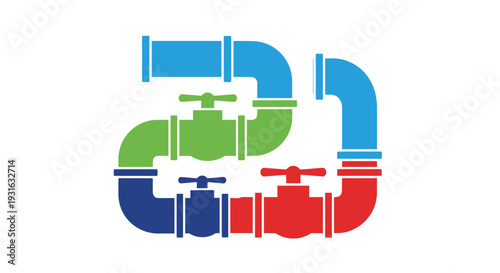 Colorful illustration of interconnected plumbing pipes and valves