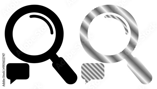 Two magnifying glasses, one black and one metallic, with speech bubbles, symbolizing search and communication.
