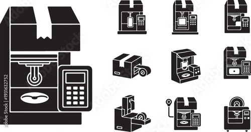 Black and white icons of various shipping boxes online