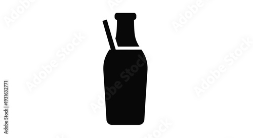 Simple black silhouette of a milk bottle with straws on a white background