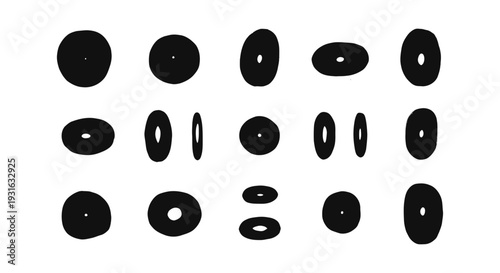 abstract black rounded shapes with central white holes minimalist graphic elements arranged on a clean white background.