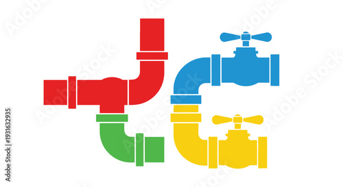 Colorful plumbing pipes and valves arranged in a stylized abstract design