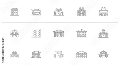 building icons set featuring diverse architectural line art illustrations perfect for urban planning real estate and government applications.