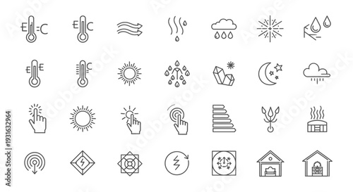 climate control and smart home line icons representing weather temperature energy and automation for modern interfaces