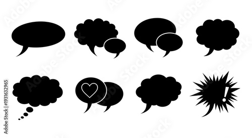 collection of black silhouette speech bubbles and thought balloons vector graphic elements for communication design