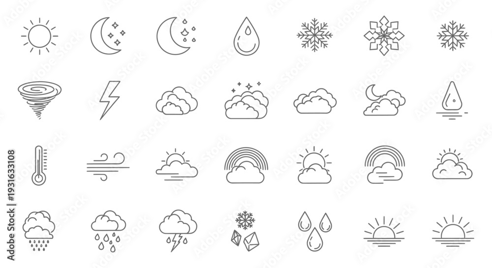 Obraz premium set of weather icons outline forecast symbols illustrating various meteorological conditions for app and web design