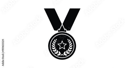 A black and white illustration of a medal with a star and laurel wreath