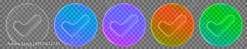 3d set neon glass transparent round button check mark icon. Y2k style. Stock vector illustration on isolated background.