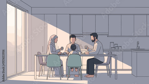 muslim family enjoying a peaceful morning breakfast at their modern home kitchen table bathed in warm sunlight.