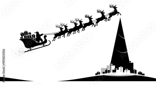 santa claus flying a sleigh pulled by reindeer delivering christmas gifts over a festive winter landscape with a decorated tree and presents