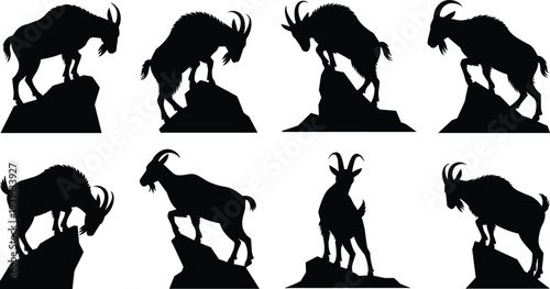 Mountain goat silhouettes on rocky ledges in various poses, climbing, standing, and balancing, black alpine wildlife illustration collection