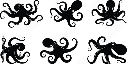 Stylized octopus silhouettes with unique tentacle shapes and expressive designs, marine wildlife black illustration collection for ocean projects