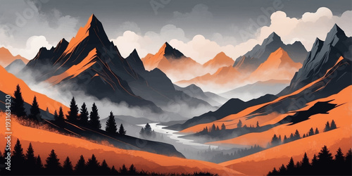 Sunset and sunrise in the mountains feature a snowy winter landscape with alpine peaks under a glowing sun and clouds during a morning travel panorama of the high forest and rock view