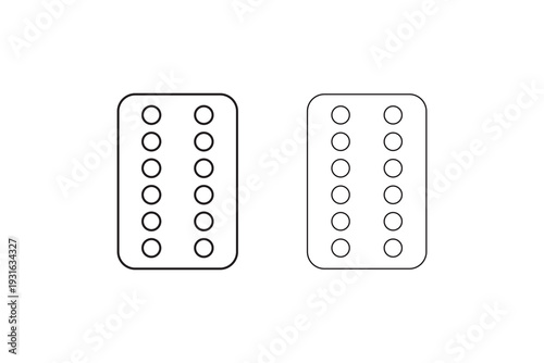 Pills, Tablet Blister Pack Icon Vector. Medicine blister pack icon set showing tablets and pills in solid and outline styles, minimal black healthcare vector symbols for pharmacy and medical design