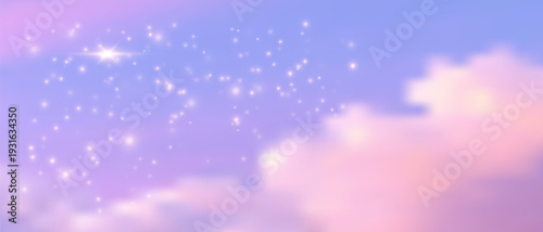 Pastel gradient backdrop featuring sparkling stars, soft clouds, and iridescent shimmer effects, creating an enchanting atmosphere for fairy tale and fantasy projects.